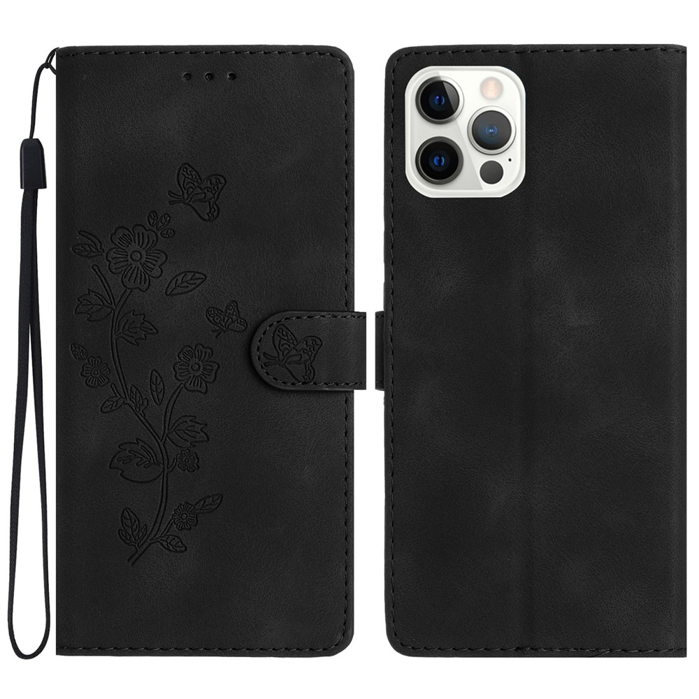 For iPhone 12 / 12 Pro 6.1 inch Flower Imprint Shockproof Cover Leather Wallet Stand Cell Phone Case - Black