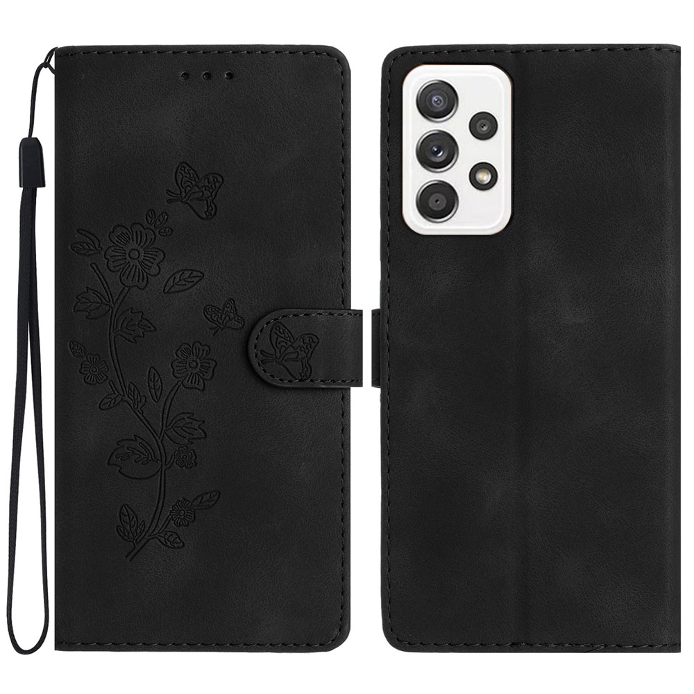 For Samsung Galaxy A32 4G (EU Version) Leather Phone Cover Flower Imprint Stand Case with Wallet - Black