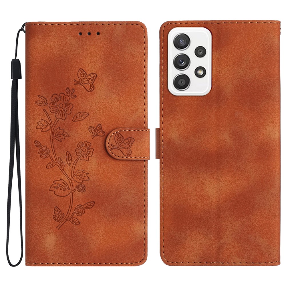 For Samsung Galaxy A32 4G (EU Version) Leather Phone Cover Flower Imprint Stand Case with Wallet - Brown