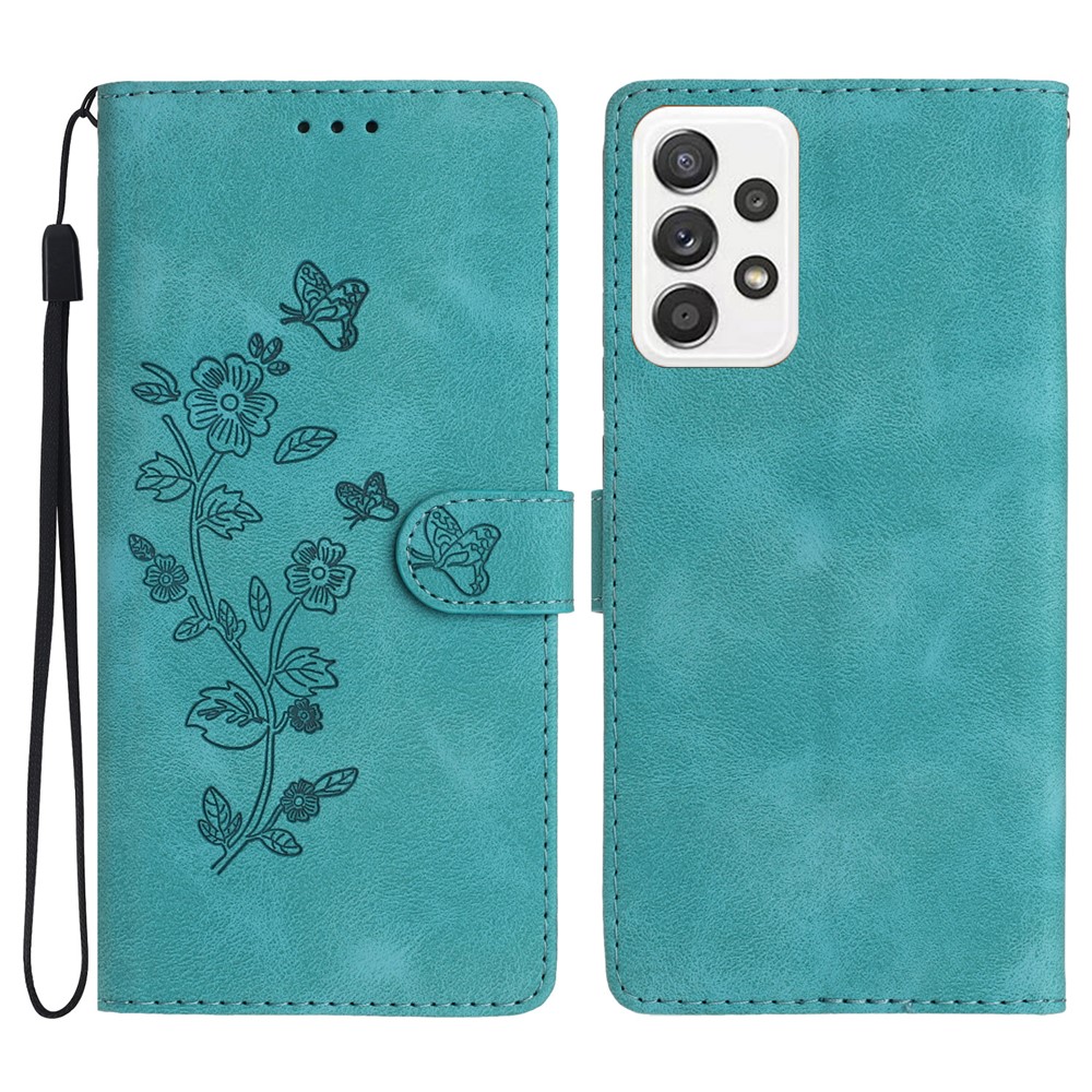 For Samsung Galaxy A32 4G (EU Version) Leather Phone Cover Flower Imprint Stand Case with Wallet - Sky Blue