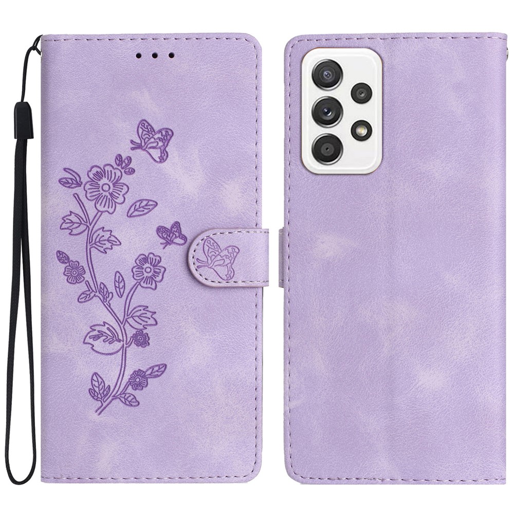 For Samsung Galaxy A32 4G (EU Version) Leather Phone Cover Flower Imprint Stand Case with Wallet - Purple