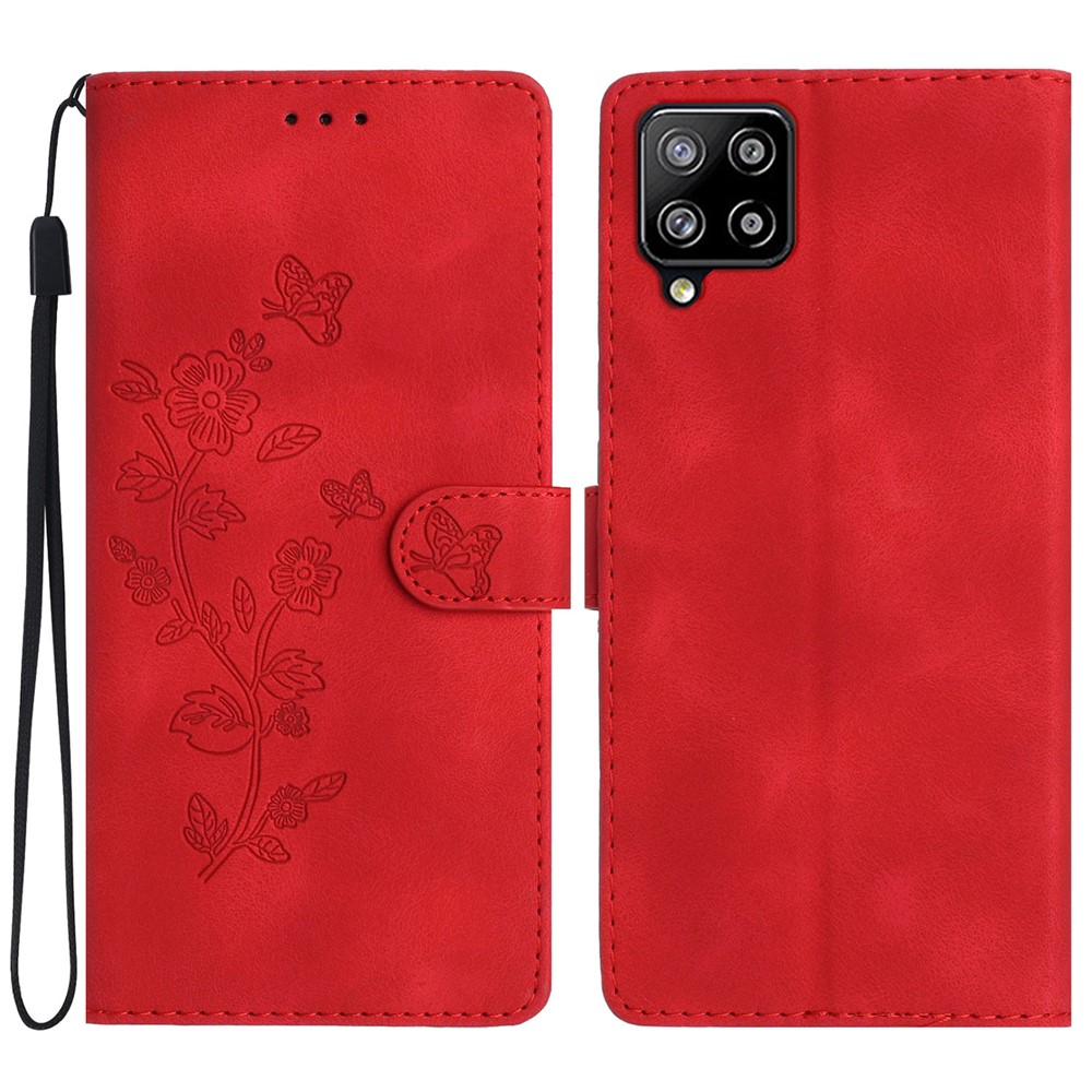 For Samsung Galaxy A42 5G Wallet Phone Case Flower Imprint Stand Anti-drop Cover - Red