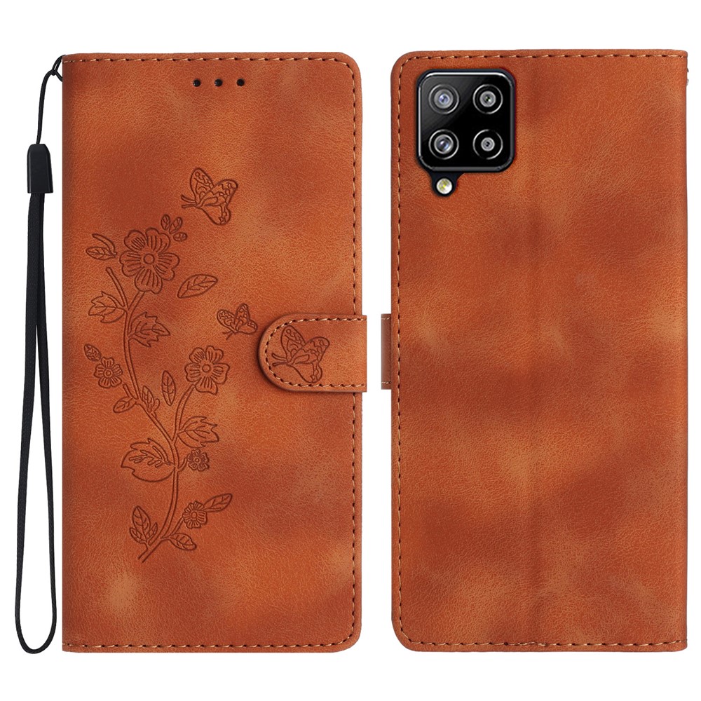 For Samsung Galaxy A42 5G Wallet Phone Case Flower Imprint Stand Anti-drop Cover - Brown
