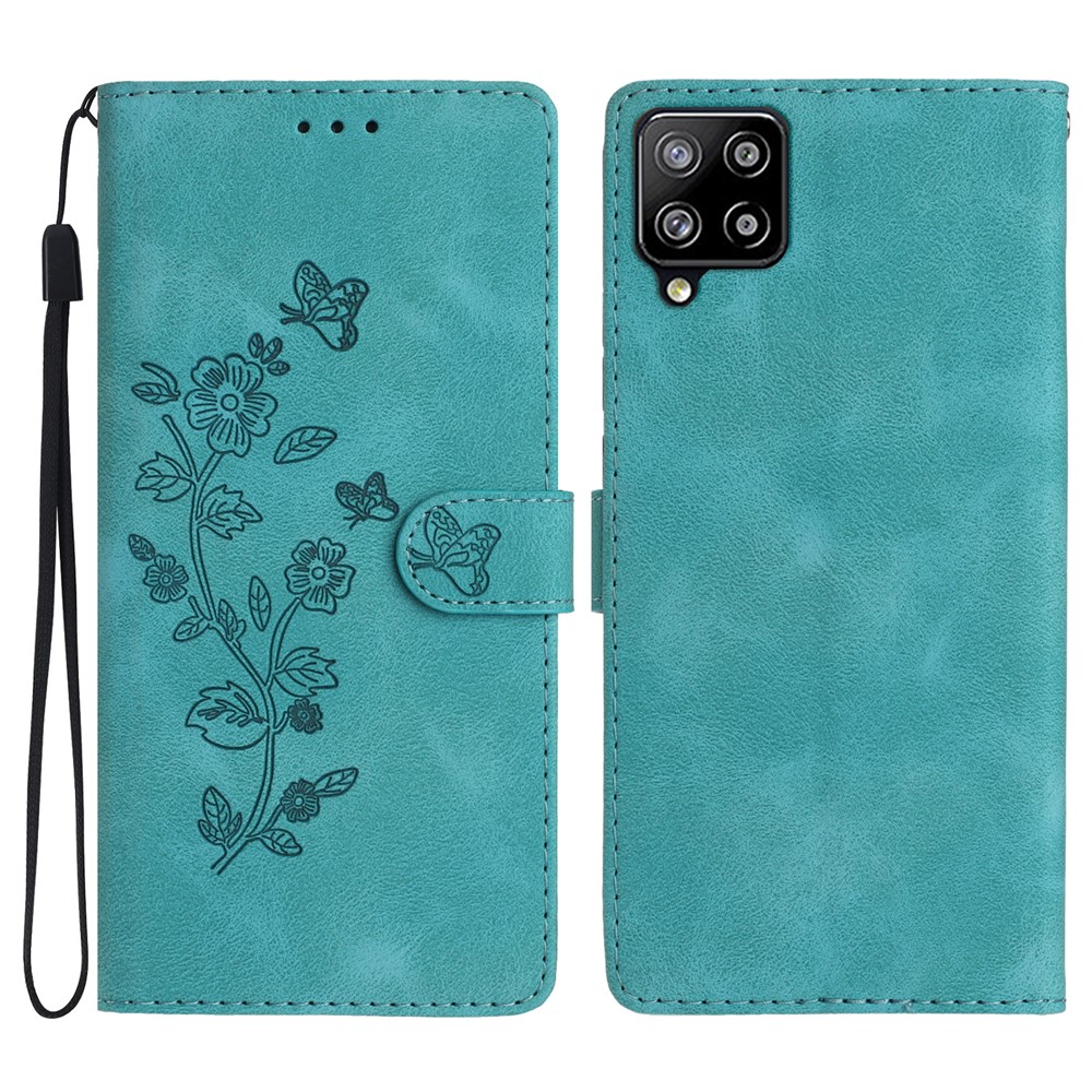 For Samsung Galaxy A42 5G Wallet Phone Case Flower Imprint Stand Anti-drop Cover - Sky Blue