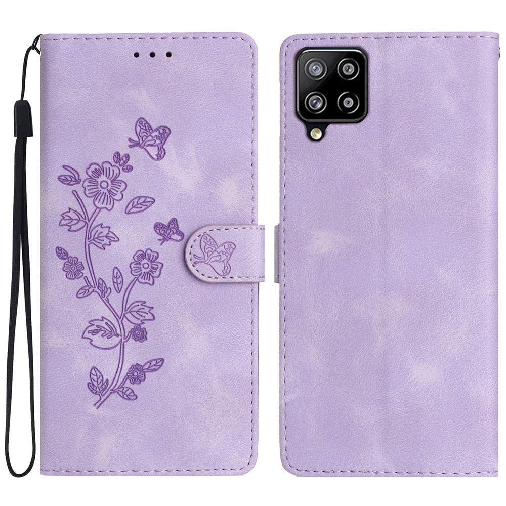 For Samsung Galaxy A42 5G Wallet Phone Case Flower Imprint Stand Anti-drop Cover - Purple