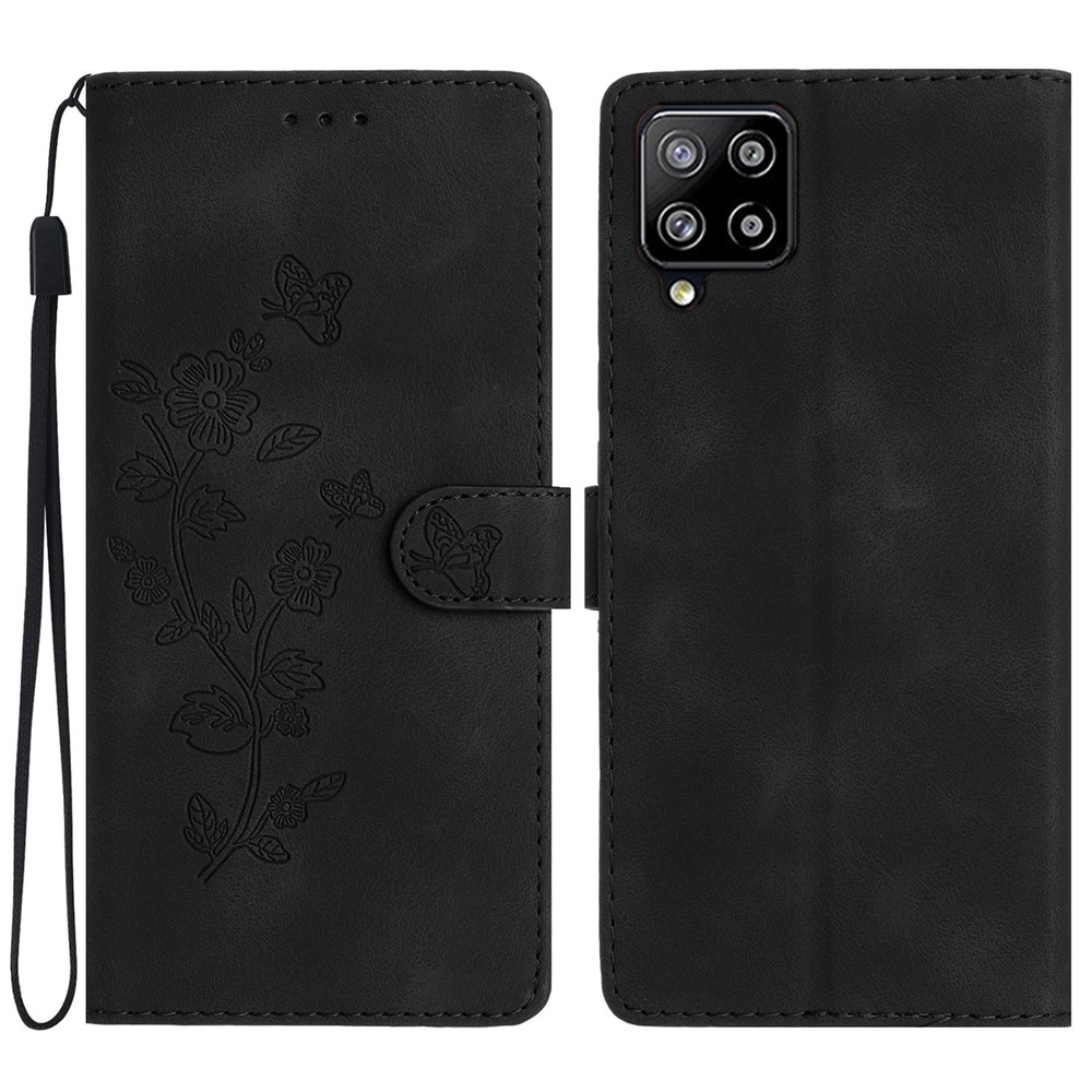 For Samsung Galaxy A42 5G Wallet Phone Case Flower Imprint Stand Anti-drop Cover - Black