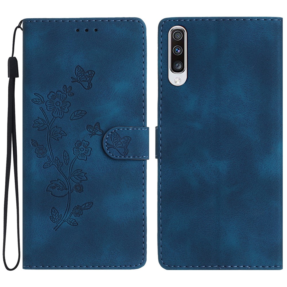 For Samsung Galaxy A70 Flower Imprint Wallet Phone Case Stand Leather Phone Cover - Blue