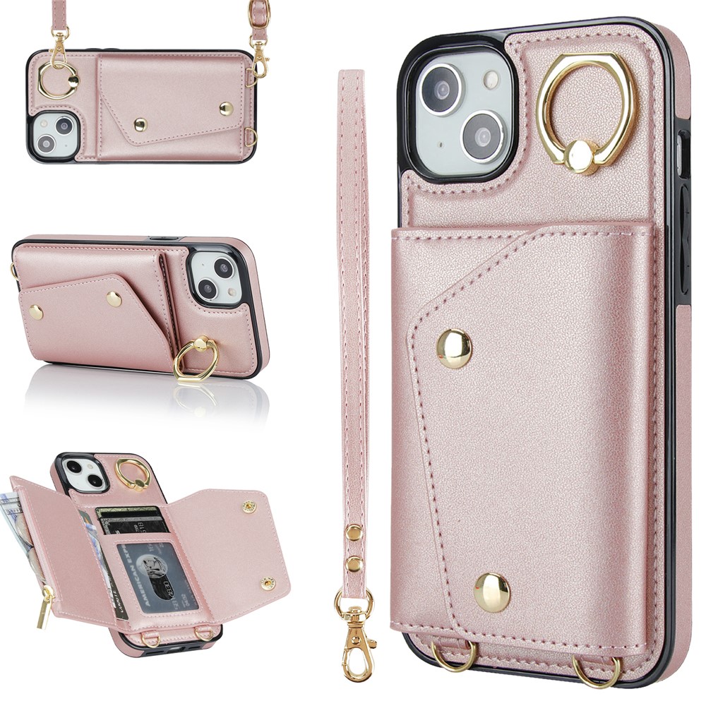 For iPhone 12 mini Leather Coated TPU Phone Kickstand Case Zipper Wallet Crossbody Phone Cover - Rose Gold