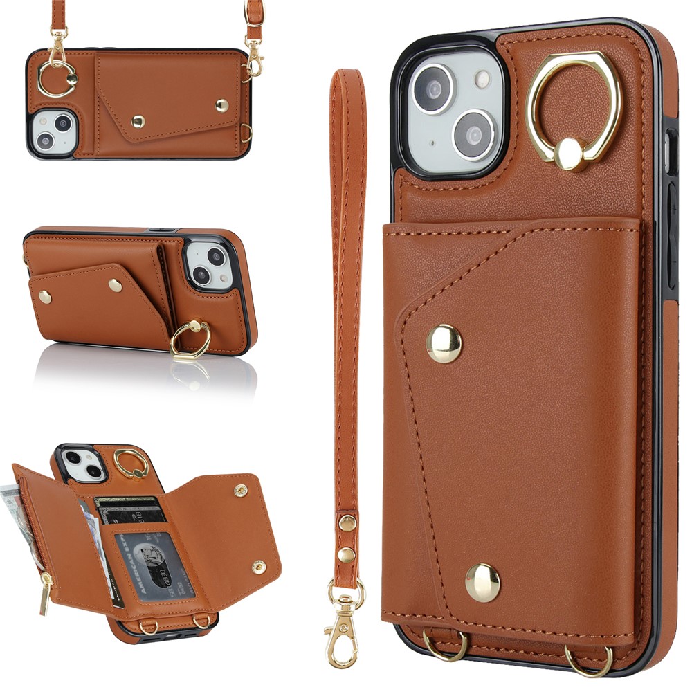 For iPhone 12 mini Leather Coated TPU Phone Kickstand Case Zipper Wallet Crossbody Phone Cover - Brown