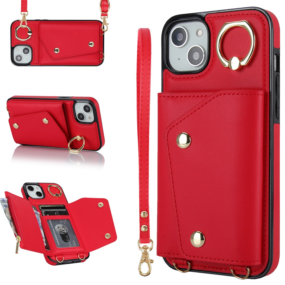 For iPhone 12 mini Leather Coated TPU Phone Kickstand Case Zipper Wallet Crossbody Phone Cover - Red