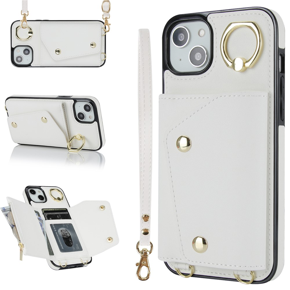 For iPhone 12 mini Leather Coated TPU Phone Kickstand Case Zipper Wallet Crossbody Phone Cover - White
