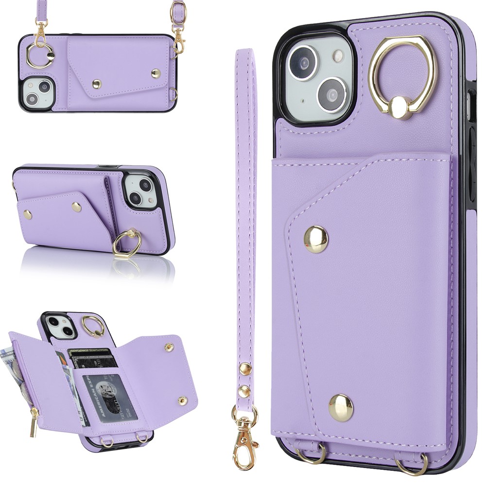 For iPhone 12 mini Leather Coated TPU Phone Kickstand Case Zipper Wallet Crossbody Phone Cover - Purple