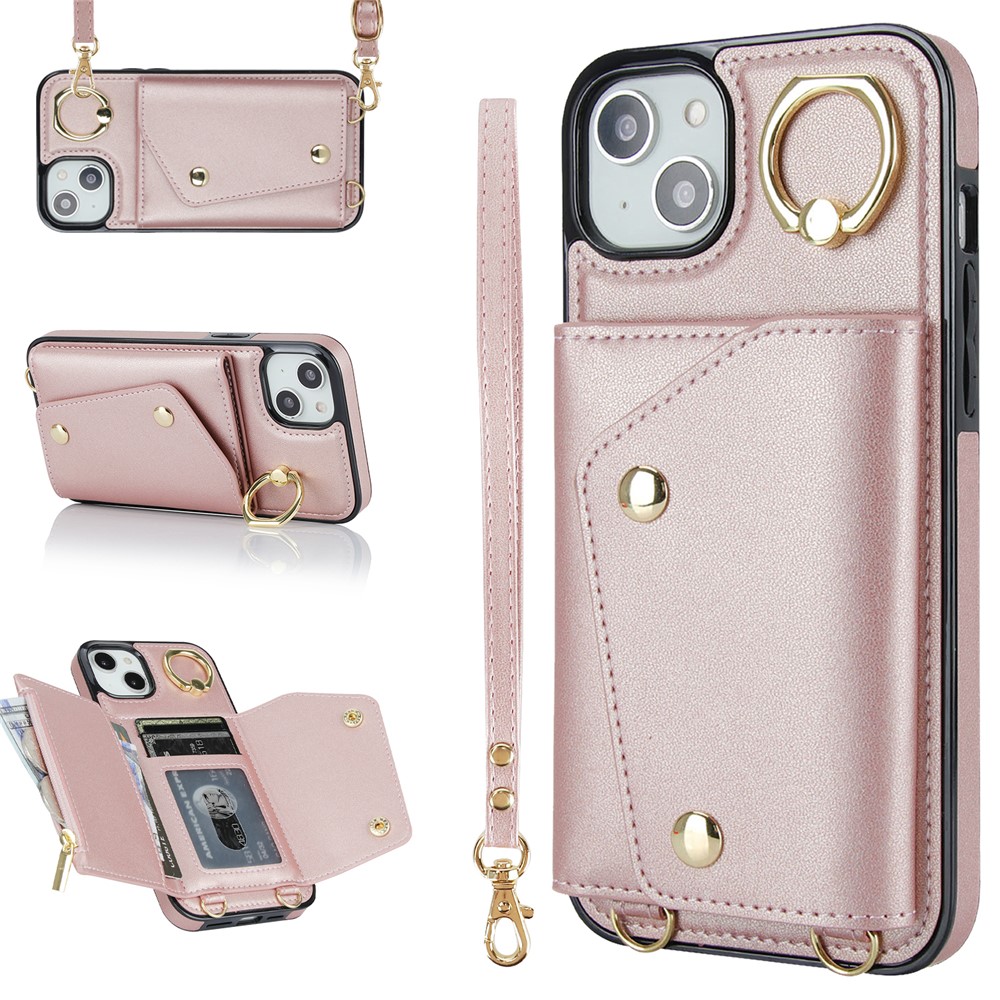 Zipper Wallet Phone Cover for iPhone 13 mini PU Leather Coated TPU Rotary Ring Kickstand Phone Case - Rose Gold