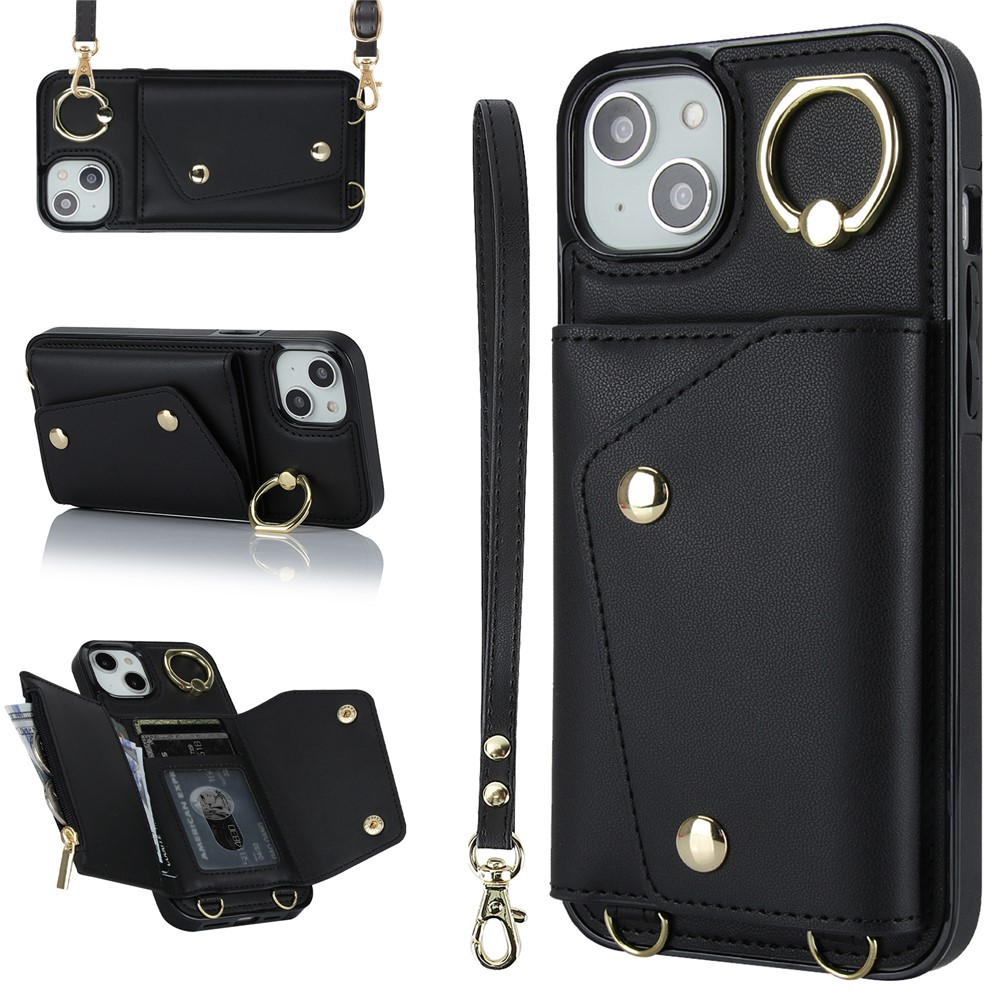 Zipper Wallet Phone Cover for iPhone 13 mini PU Leather Coated TPU Rotary Ring Kickstand Phone Case - Black