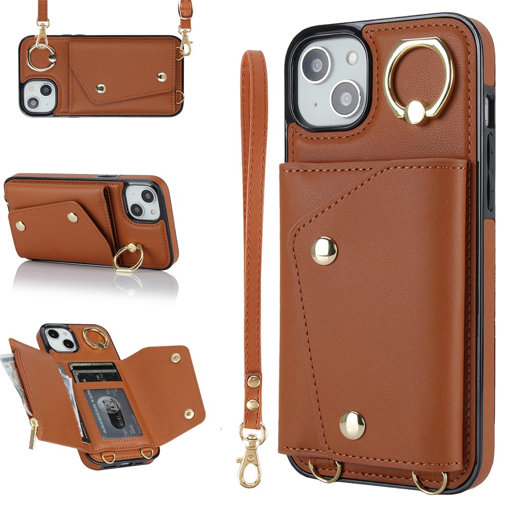 Zipper Wallet Phone Cover for iPhone 13 mini PU Leather Coated TPU Rotary Ring Kickstand Phone Case - Brown