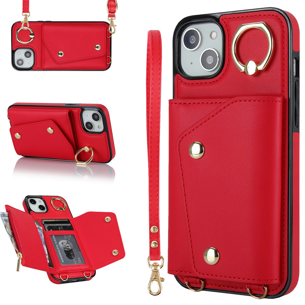 Zipper Wallet Phone Cover for iPhone 13 mini PU Leather Coated TPU Rotary Ring Kickstand Phone Case - Red