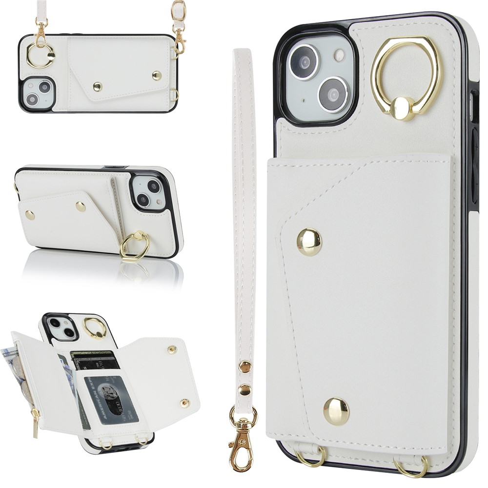 Zipper Wallet Phone Cover for iPhone 13 mini PU Leather Coated TPU Rotary Ring Kickstand Phone Case - White