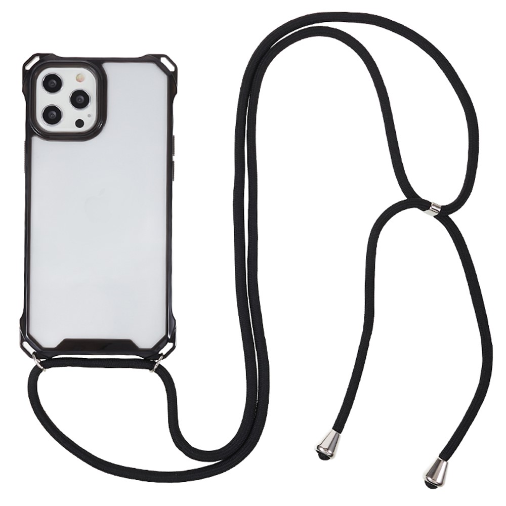 For iPhone 12 / 12 Pro Acrylic + TPU Clear Phone Case Four Corner Anti-Collision Protection Cover with Lanyard - Black Frame
