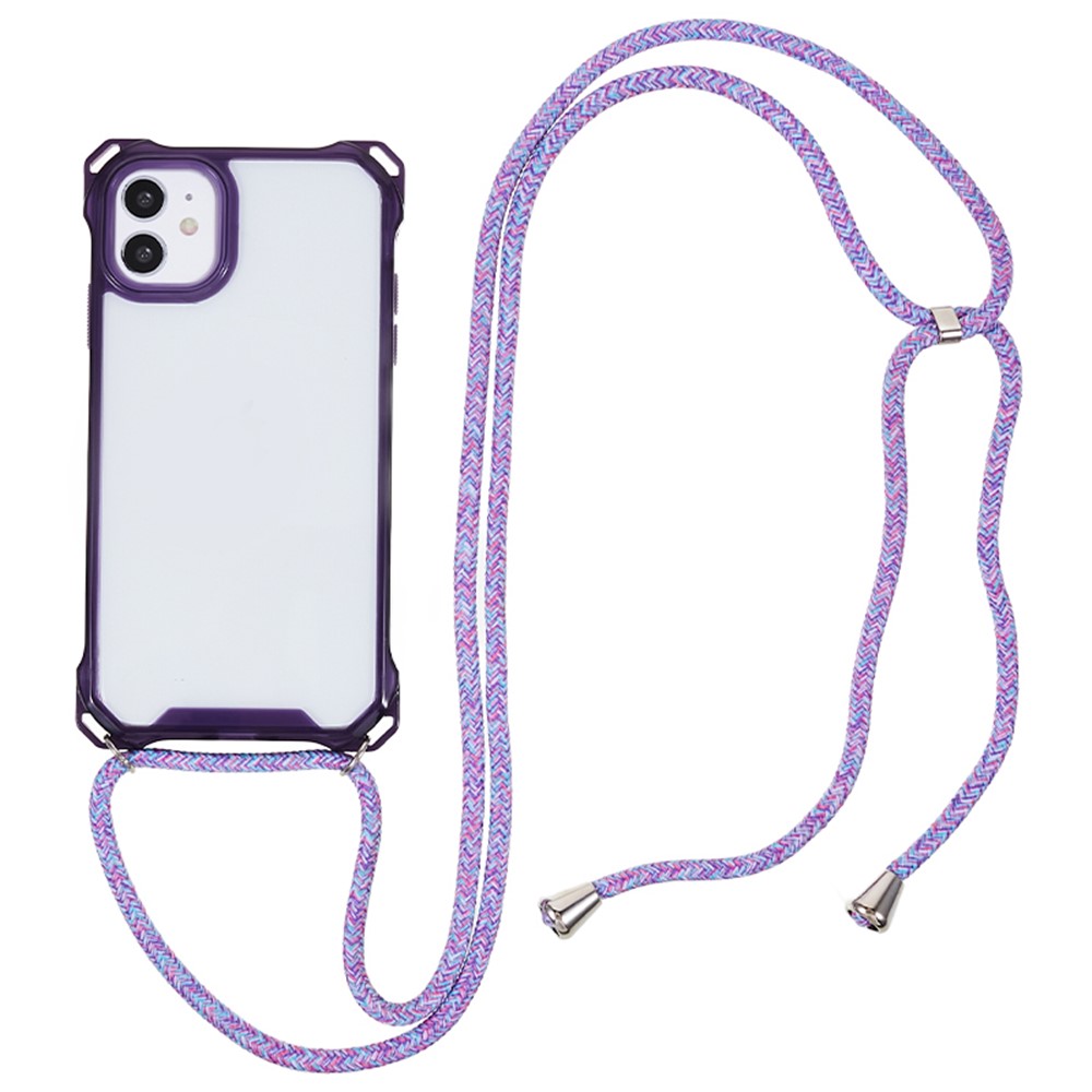 For iPhone 11 Clear Acrylic + TPU Phone Case Four Corners Shock Absorption Cover with Lanyard - Purple Frame