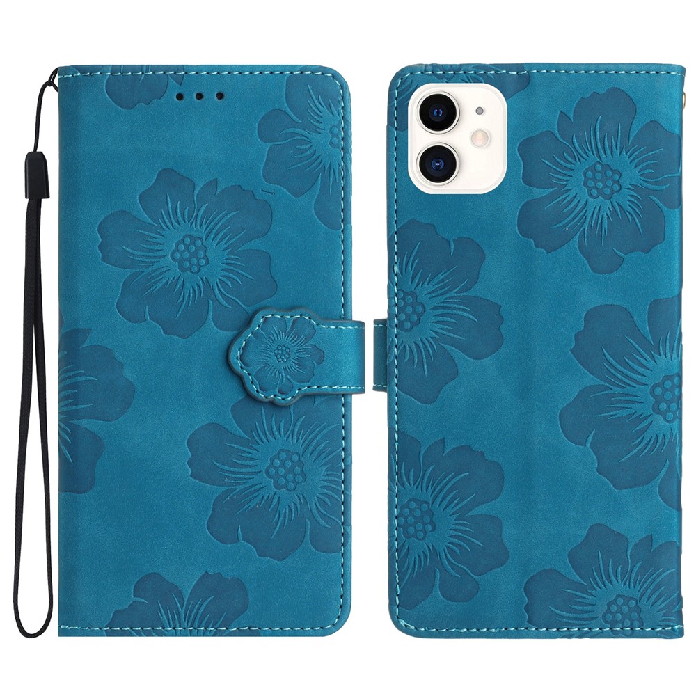 For iPhone 11 Cell Phone Case Flowers Imprinted PU Leather Stand Wallet Cover - Blue