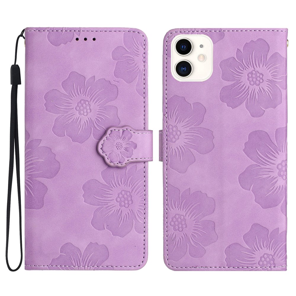 For iPhone 11 Cell Phone Case Flowers Imprinted PU Leather Stand Wallet Cover - Purple