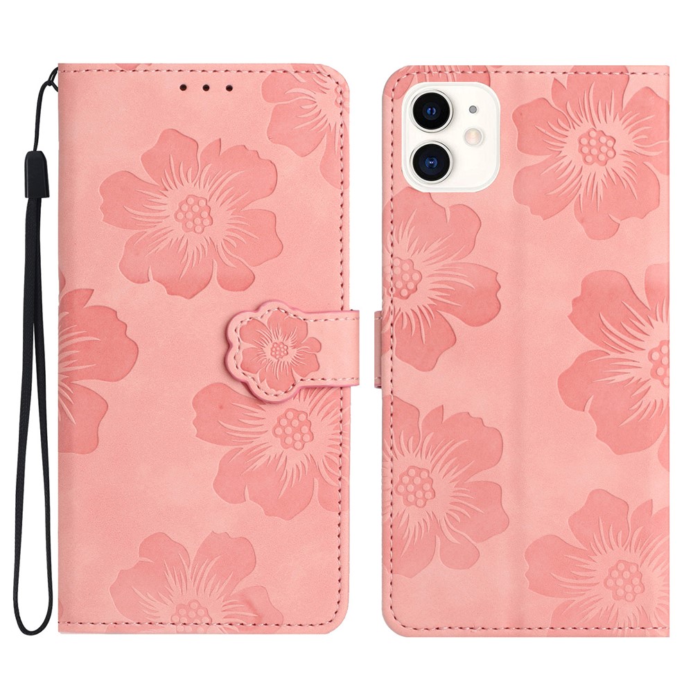 For iPhone 11 Cell Phone Case Flowers Imprinted PU Leather Stand Wallet Cover - Pink