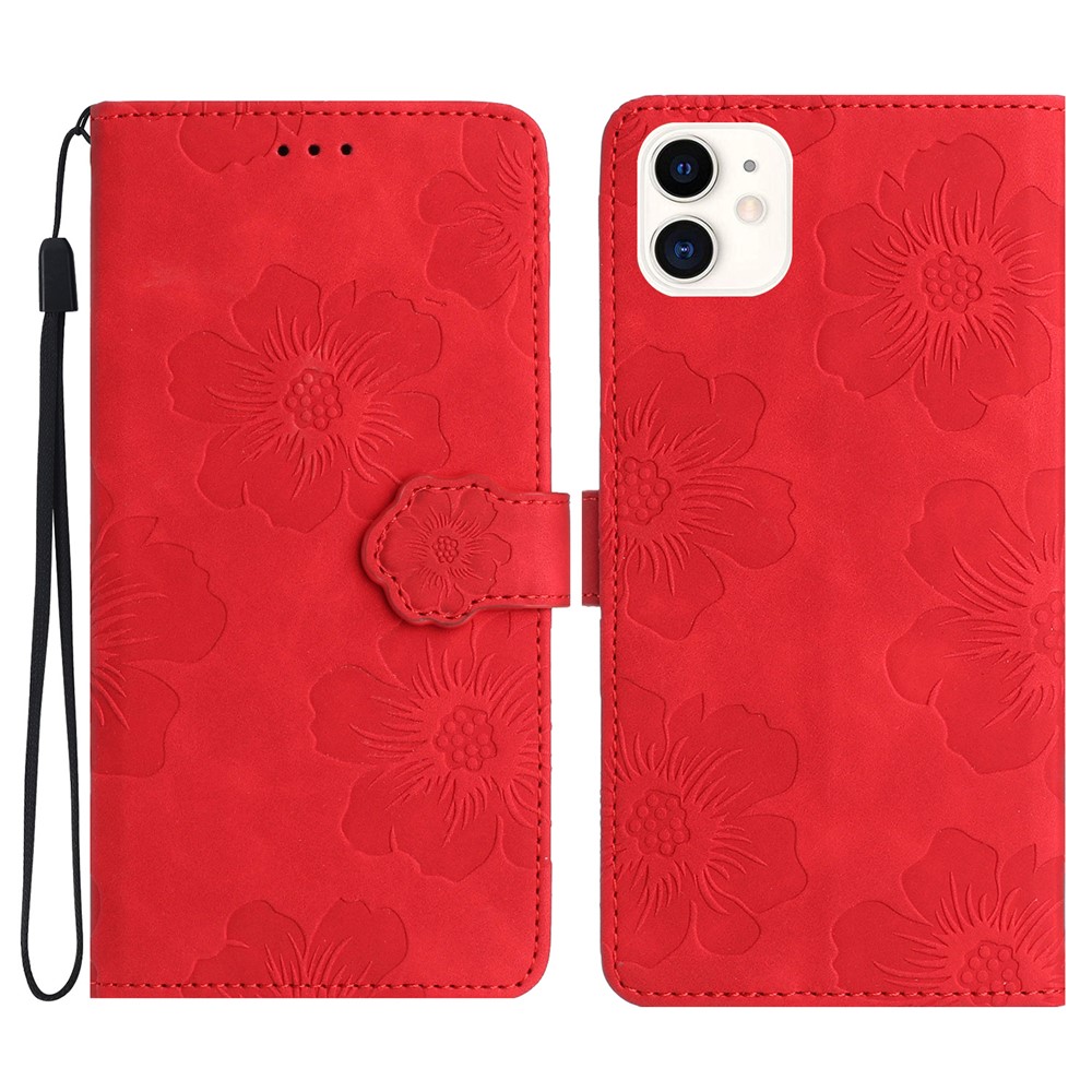 For iPhone 11 Cell Phone Case Flowers Imprinted PU Leather Stand Wallet Cover - Red