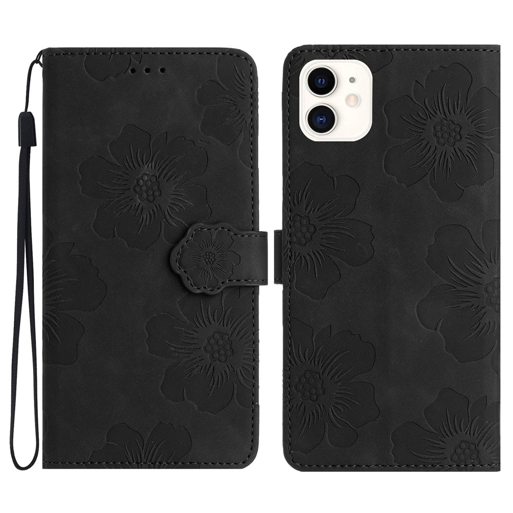 For iPhone 11 Cell Phone Case Flowers Imprinted PU Leather Stand Wallet Cover - Black