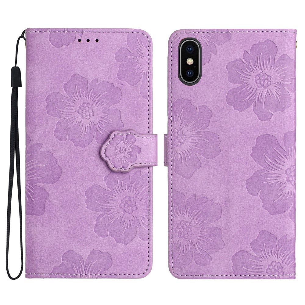 For iPhone XS Max 6.5 inch Flowers Imprint Drop-proof Shell PU Leather Wallet Flip Stand Cover - Purple