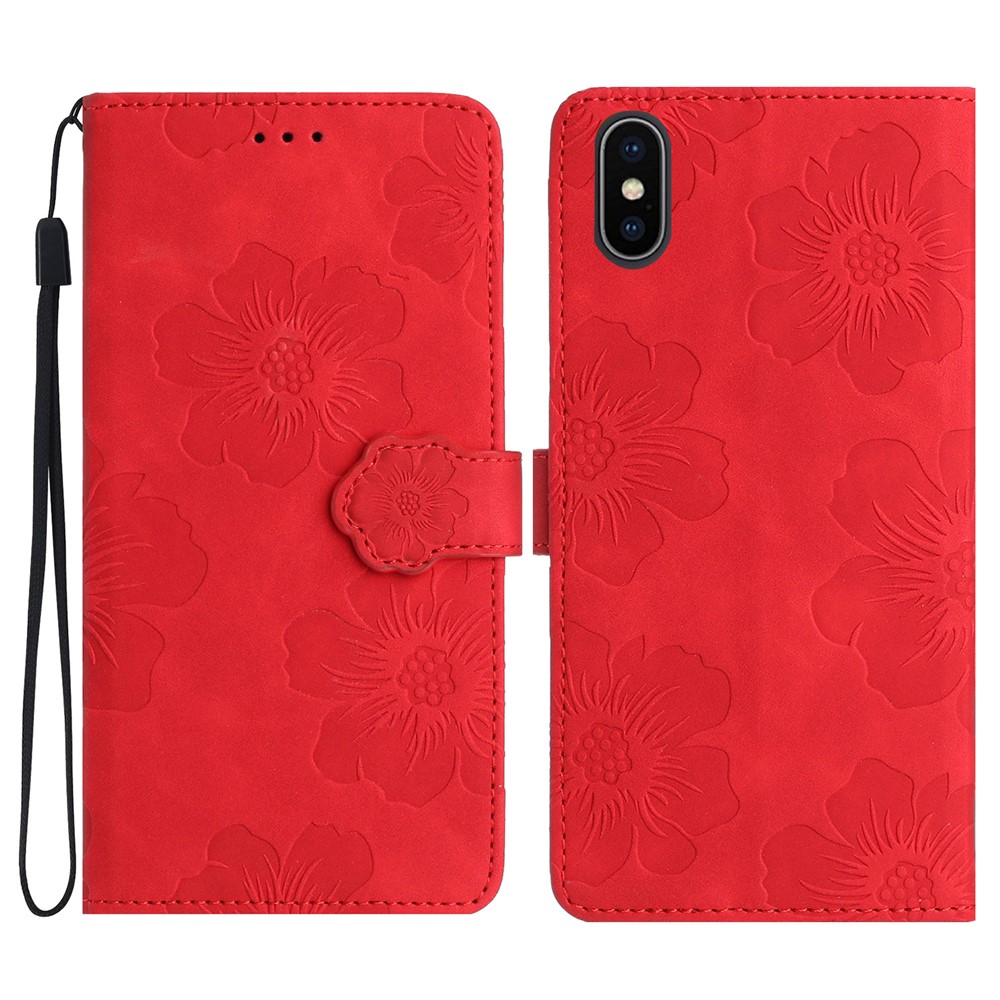 For iPhone XS Max 6.5 inch Flowers Imprint Drop-proof Shell PU Leather Wallet Flip Stand Cover - Red