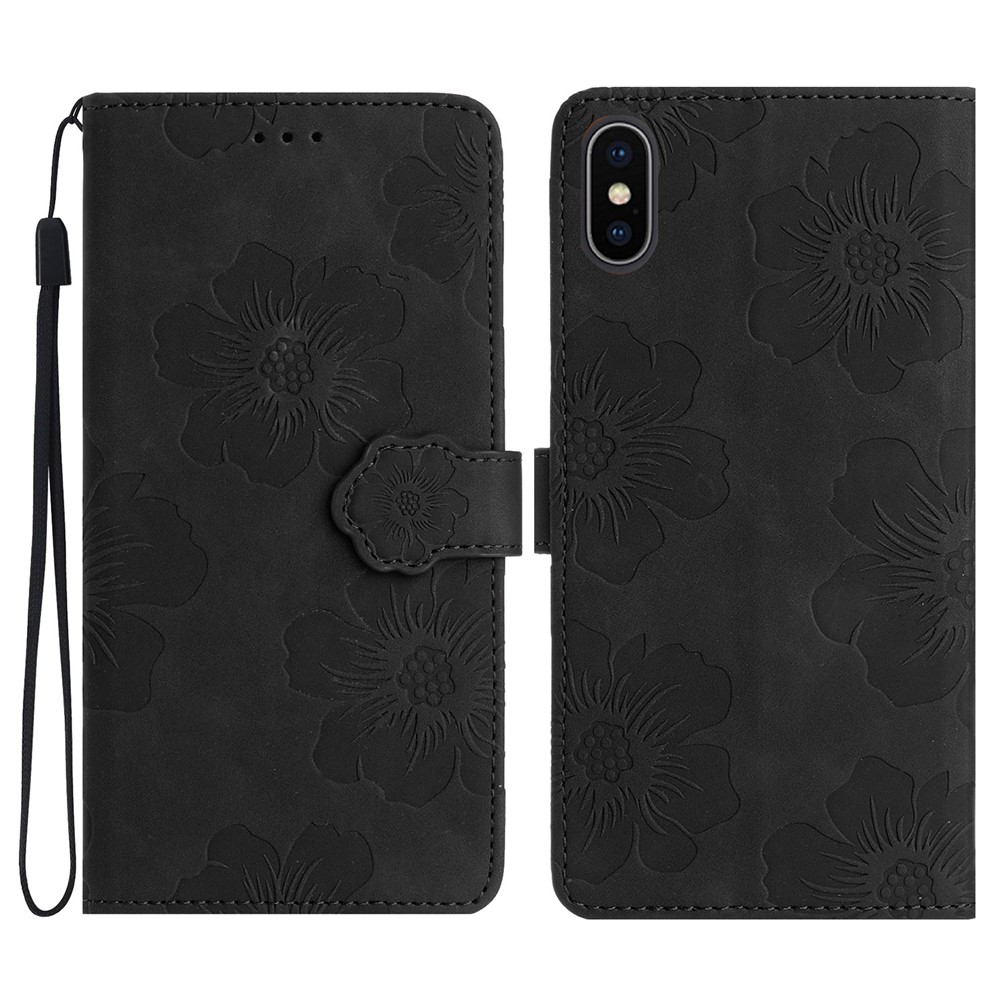 For iPhone XS Max 6.5 inch Flowers Imprint Drop-proof Shell PU Leather Wallet Flip Stand Cover - Black