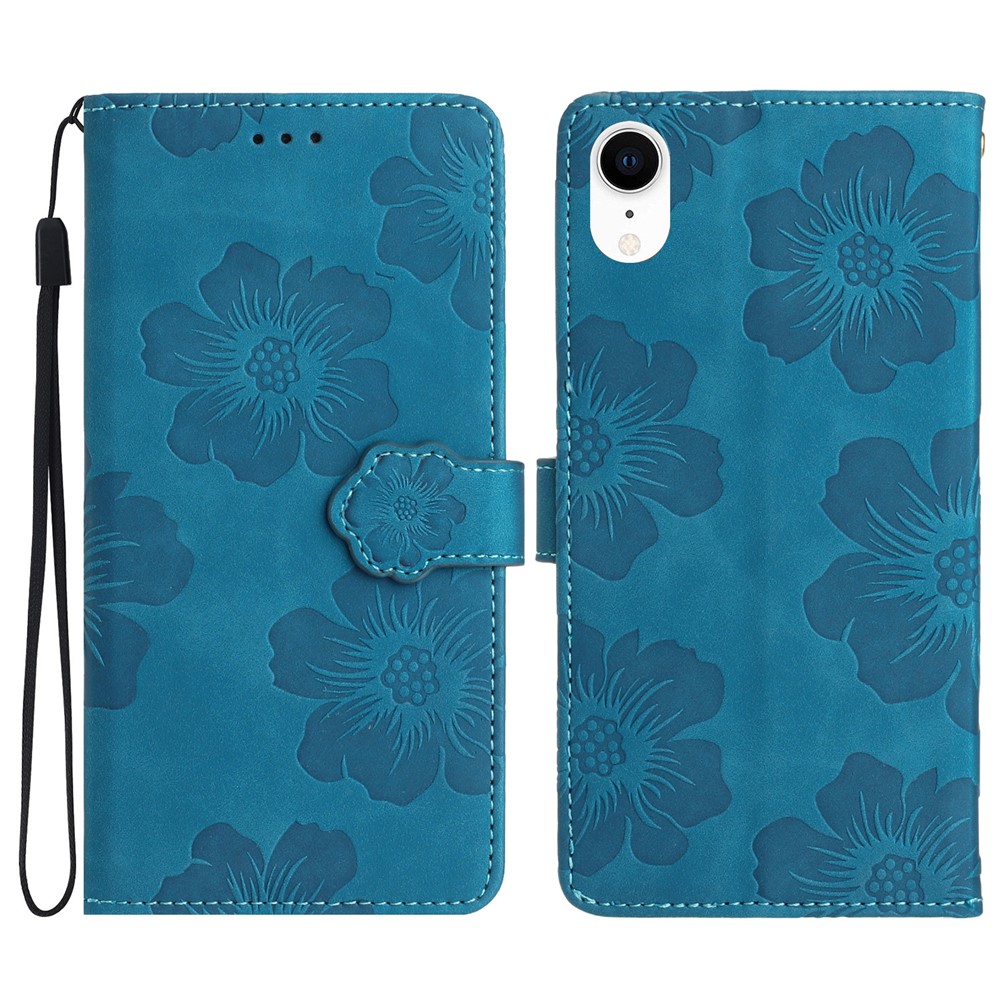 For iPhone XR 6.1 inch Flowers Pattern Anti-drop Phone Case PU Leather Stand Wallet Cover - Blue