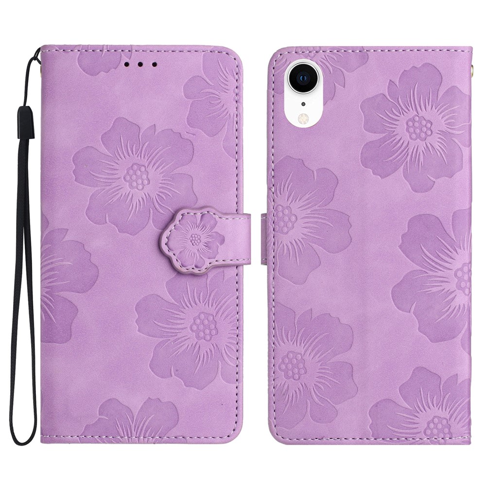 For iPhone XR 6.1 inch Flowers Pattern Anti-drop Phone Case PU Leather Stand Wallet Cover - Purple
