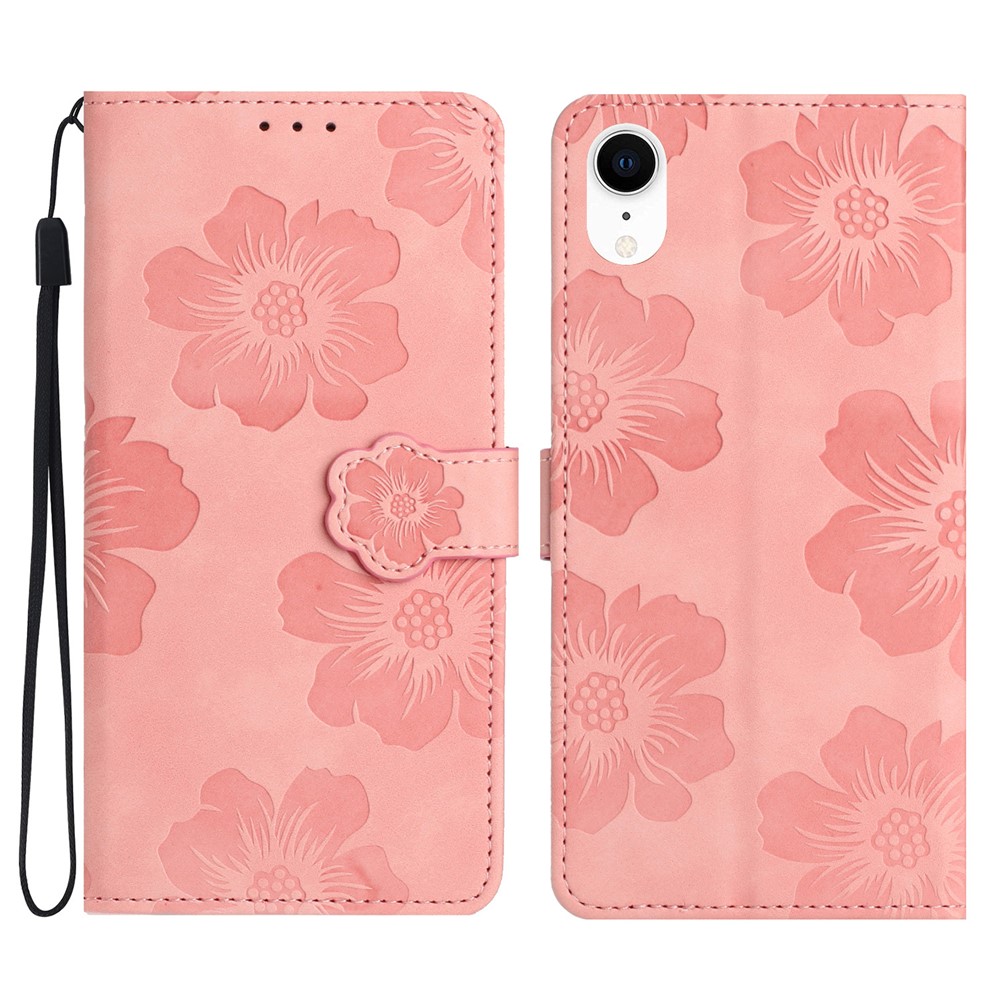 For iPhone XR 6.1 inch Flowers Pattern Anti-drop Phone Case PU Leather Stand Wallet Cover - Pink