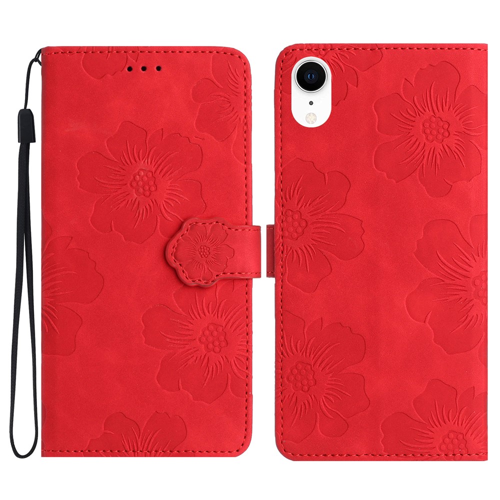 For iPhone XR 6.1 inch Flowers Pattern Anti-drop Phone Case PU Leather Stand Wallet Cover - Red