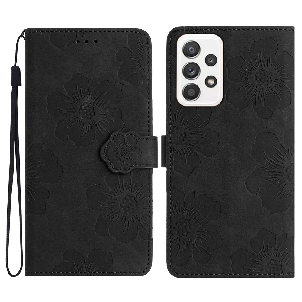 For Samsung Galaxy A73 5G Flip Stand Phone Case Flowers Imprint Leather Wallet Shockproof Cover - Black