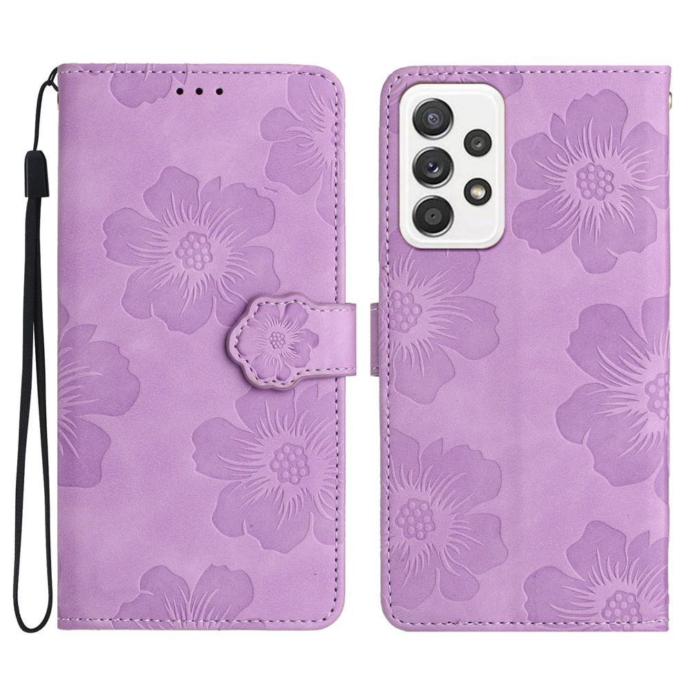 For Samsung Galaxy A32 4G (EU Version) Slim Leather Phone Case Shell Flowers Imprint Stand Wallet Cover - Purple