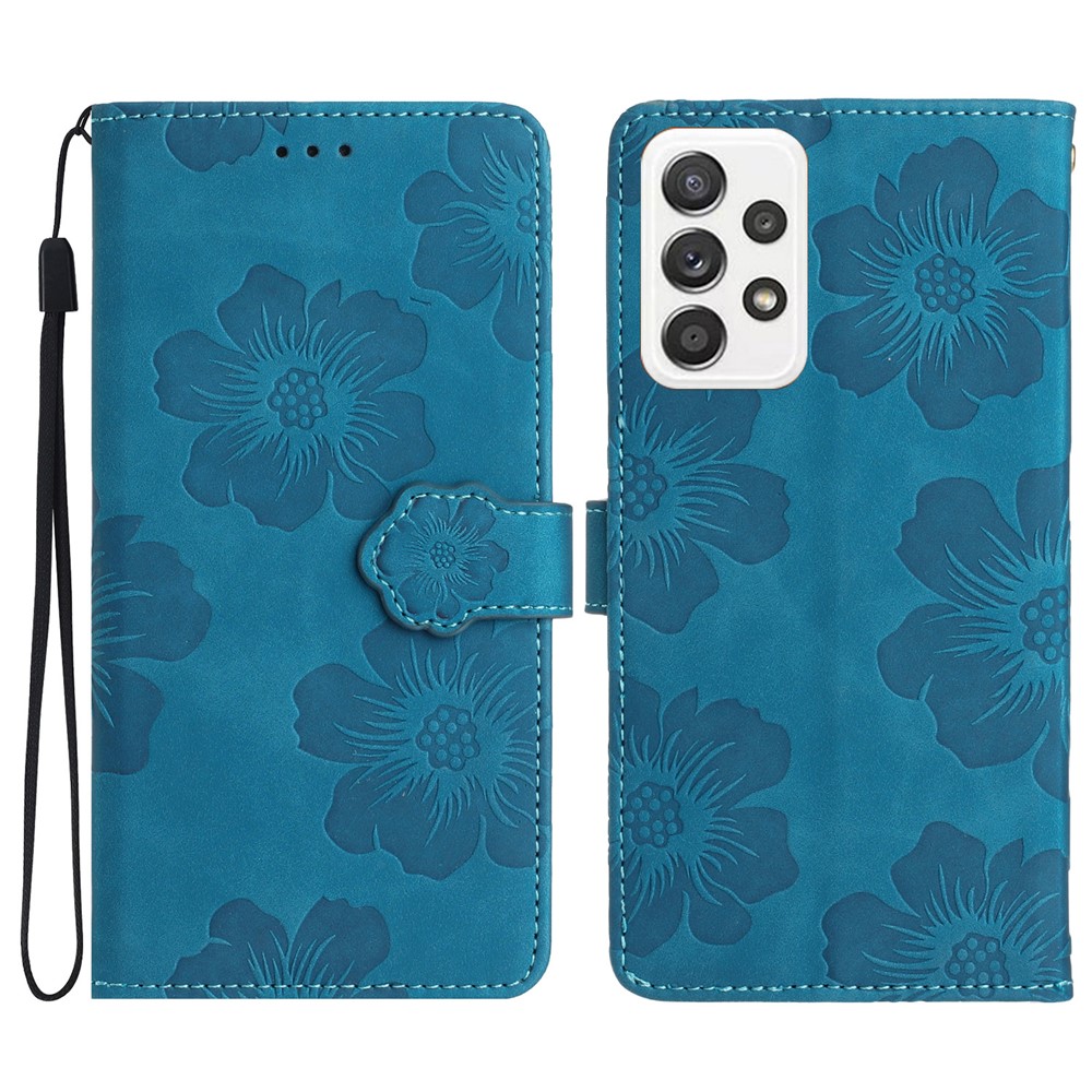 For Samsung Galaxy A32 4G (EU Version) Slim Leather Phone Case Shell Flowers Imprint Stand Wallet Cover - Blue