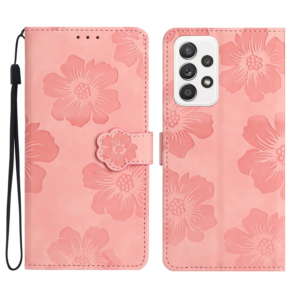 For Samsung Galaxy A32 4G (EU Version) Slim Leather Phone Case Shell Flowers Imprint Stand Wallet Cover - Pink