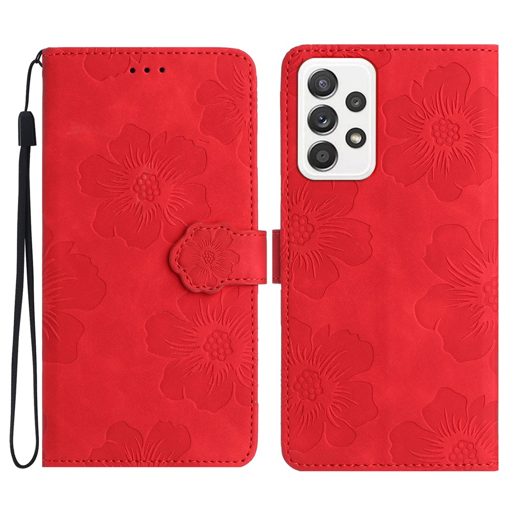 For Samsung Galaxy A32 4G (EU Version) Slim Leather Phone Case Shell Flowers Imprint Stand Wallet Cover - Red