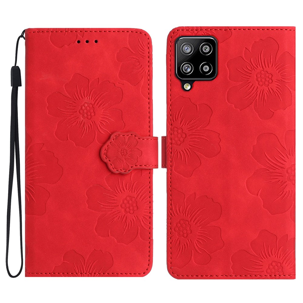 For Samsung Galaxy A42 5G Flowers Pattern Phone Stand Case PU Leather Wallet Anti-drop Cover - Red