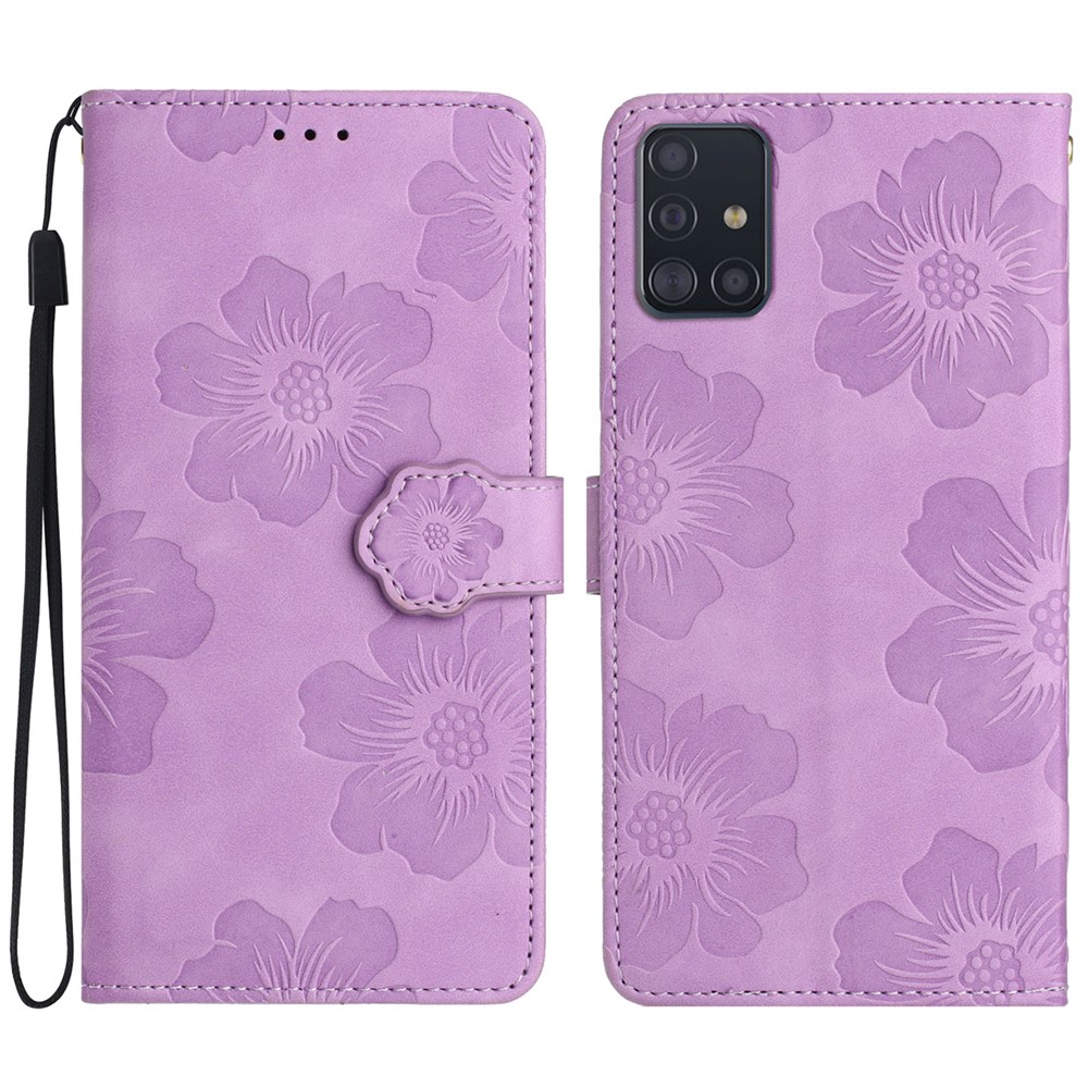 For Samsung Galaxy A71 4G SM-A715 Flowers Imprinted Phone Cover Leather Case with Stand Wallet - Purple