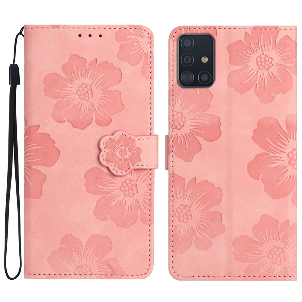For Samsung Galaxy A71 4G SM-A715 Flowers Imprinted Phone Cover Leather Case with Stand Wallet - Pink