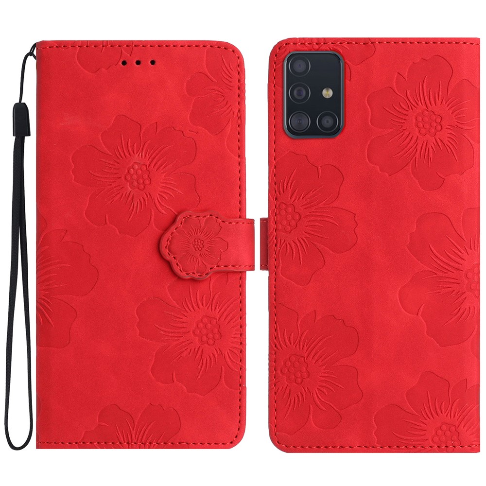 For Samsung Galaxy A71 4G SM-A715 Flowers Imprinted Phone Cover Leather Case with Stand Wallet - Red