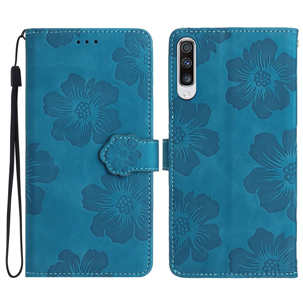 For Samsung Galaxy A70 Flowers Imprinted Anti-fingerprint Stand Leather Case Wallet Phone Cover - Blue