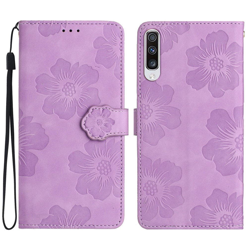 For Samsung Galaxy A70 Flowers Imprinted Anti-fingerprint Stand Leather Case Wallet Phone Cover - Purple