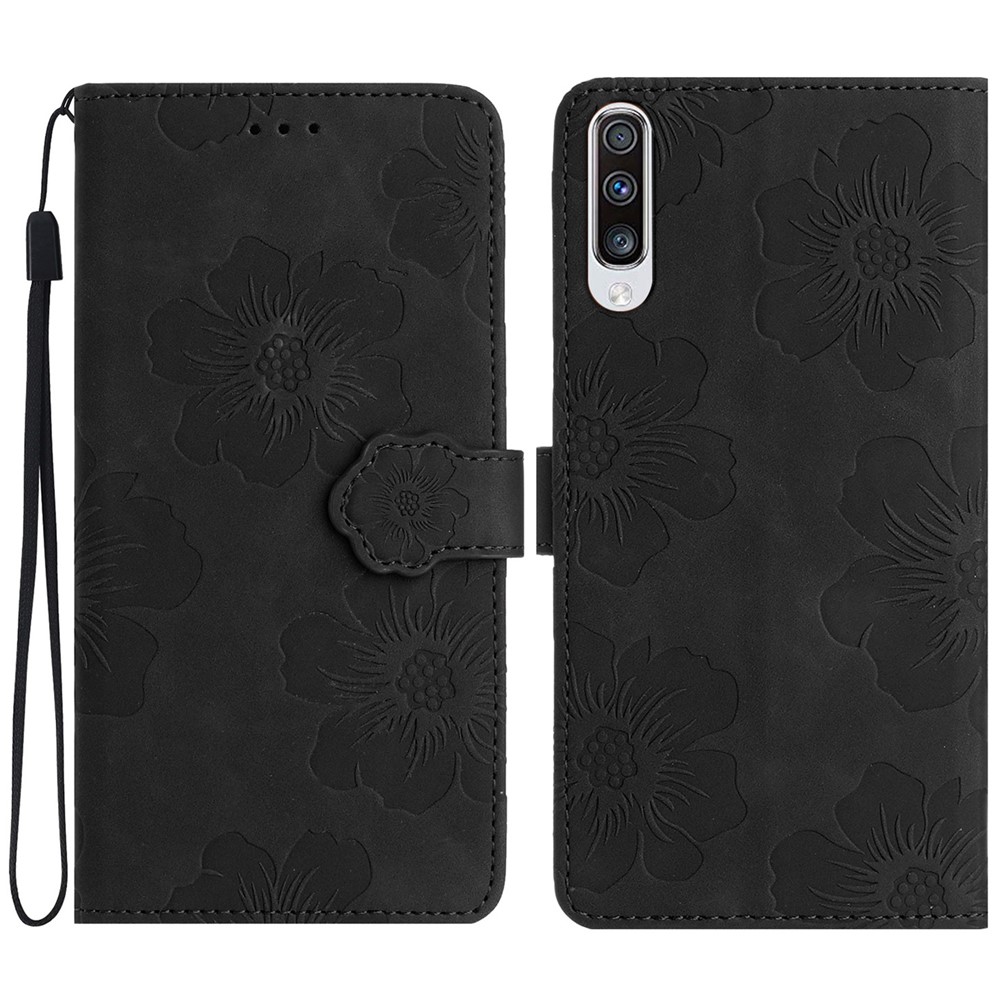 For Samsung Galaxy A70 Flowers Imprinted Anti-fingerprint Stand Leather Case Wallet Phone Cover - Black