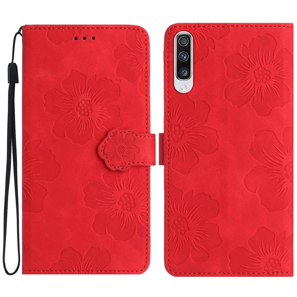 For Samsung Galaxy A70 Flowers Imprinted Anti-fingerprint Stand Leather Case Wallet Phone Cover - Red