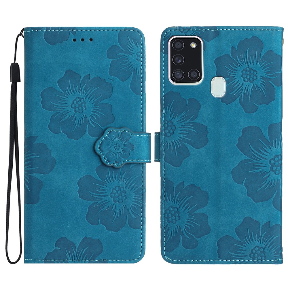 For Samsung Galaxy A21s Flowers Imprint Leather Wallet Case Folding Stand Phone Cover - Blue
