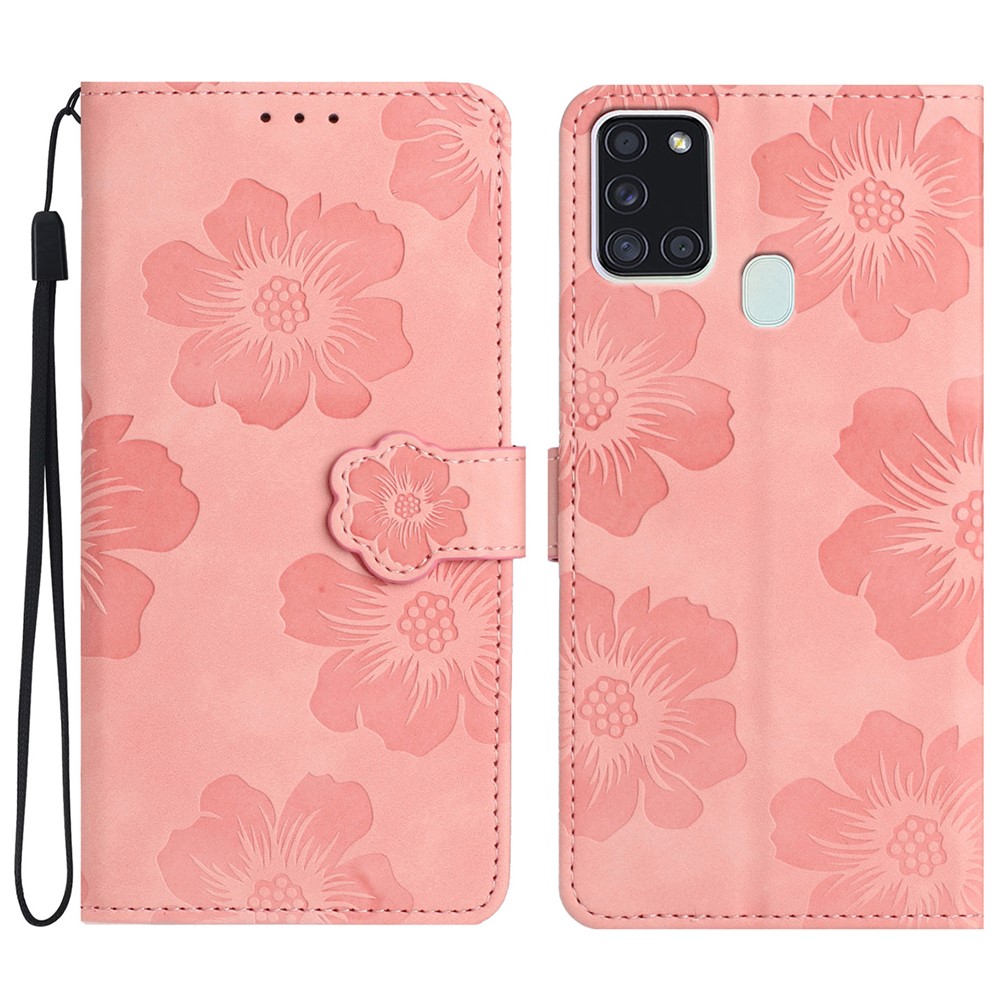 For Samsung Galaxy A21s Flowers Imprint Leather Wallet Case Folding Stand Phone Cover - Pink
